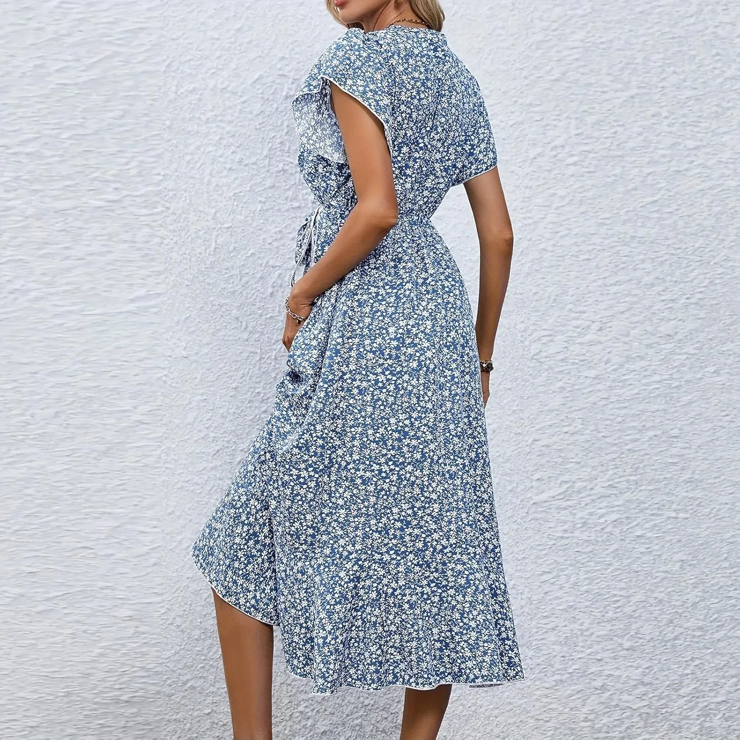Summer Dresses for Women 2025 Casual V Neck Short Sleeve Floral Midi Dress Tie Waist Ruffle Boho Cute Summer Dress