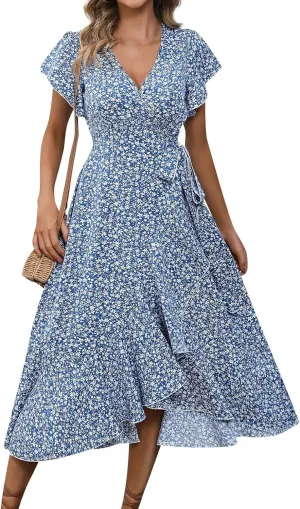 Summer Dresses for Women 2025 Casual V Neck Short Sleeve Floral Midi Dress Tie Waist Ruffle Boho Cute Summer Dress