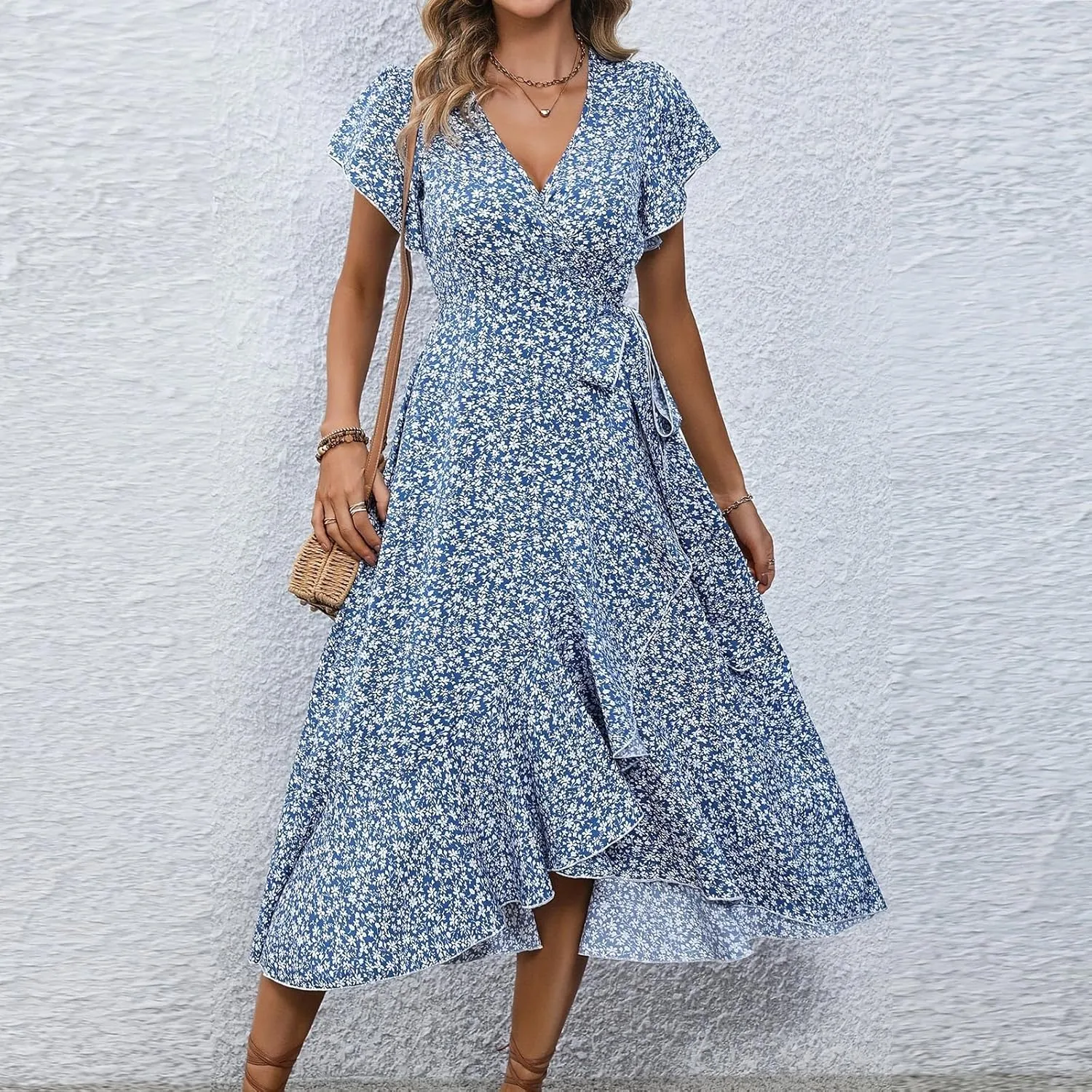 Summer Dresses for Women 2025 Casual V Neck Short Sleeve Floral Midi Dress Tie Waist Ruffle Boho Cute Summer Dress