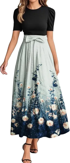 Summer Dresses for Women Flowy Patchwork Empire Waist Maxi Dress Tie Belted Floral Short Sleeve Elegant Dress