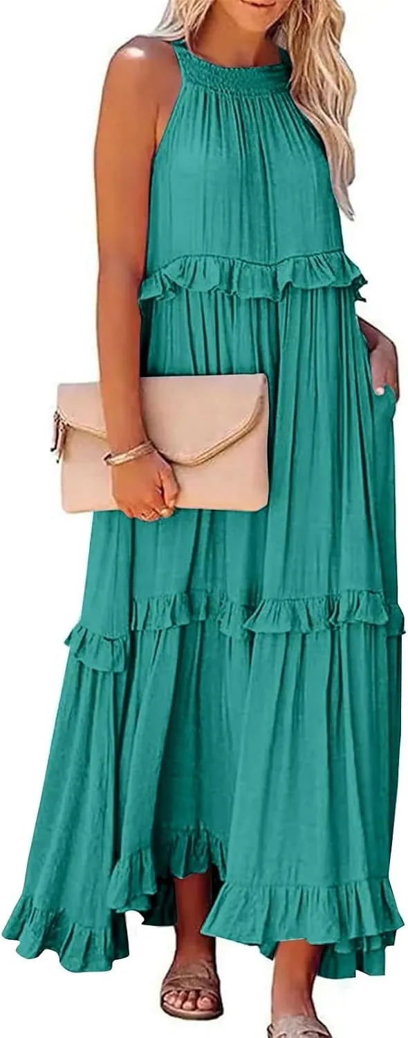 Sun Dresses for Women 2025 Vacation Halter Ruffle Tiered Flowy Maxi Dresses Beach Wedding Guest Dress with Pockets