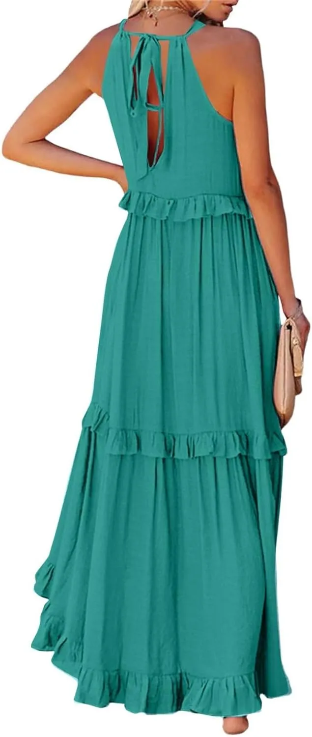 Sun Dresses for Women 2025 Vacation Halter Ruffle Tiered Flowy Maxi Dresses Beach Wedding Guest Dress with Pockets