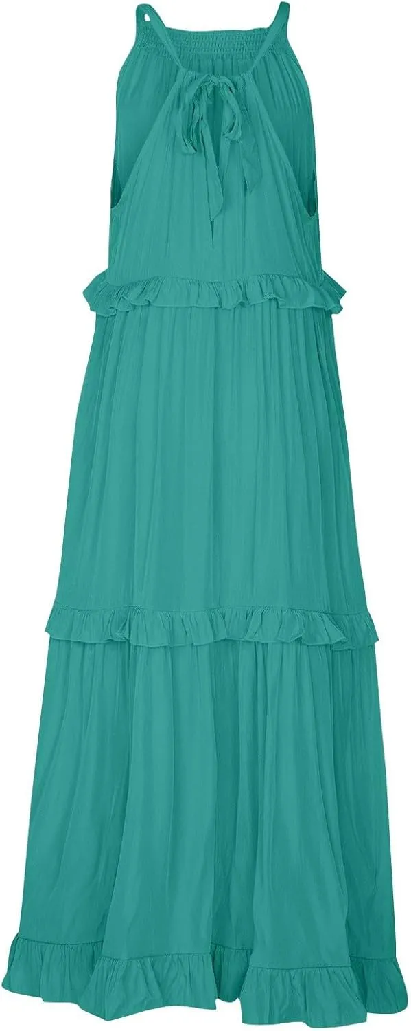 Sun Dresses for Women 2025 Vacation Halter Ruffle Tiered Flowy Maxi Dresses Beach Wedding Guest Dress with Pockets