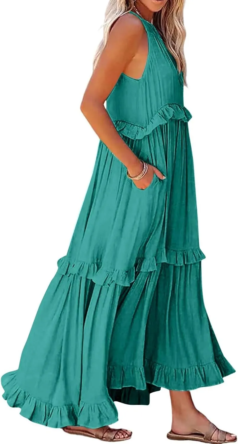 Sun Dresses for Women 2025 Vacation Halter Ruffle Tiered Flowy Maxi Dresses Beach Wedding Guest Dress with Pockets