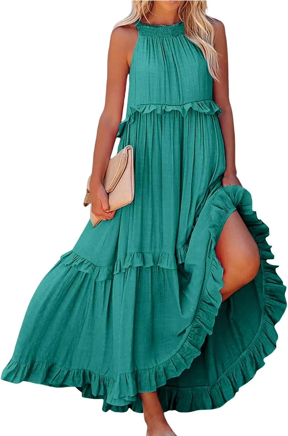 Sun Dresses for Women 2025 Vacation Halter Ruffle Tiered Flowy Maxi Dresses Beach Wedding Guest Dress with Pockets