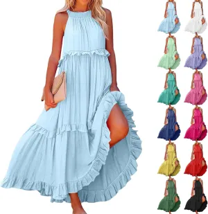 Sun Dresses for Women 2025 Vacation Halter Ruffle Tiered Flowy Maxi Dresses Beach Wedding Guest Dress with Pockets