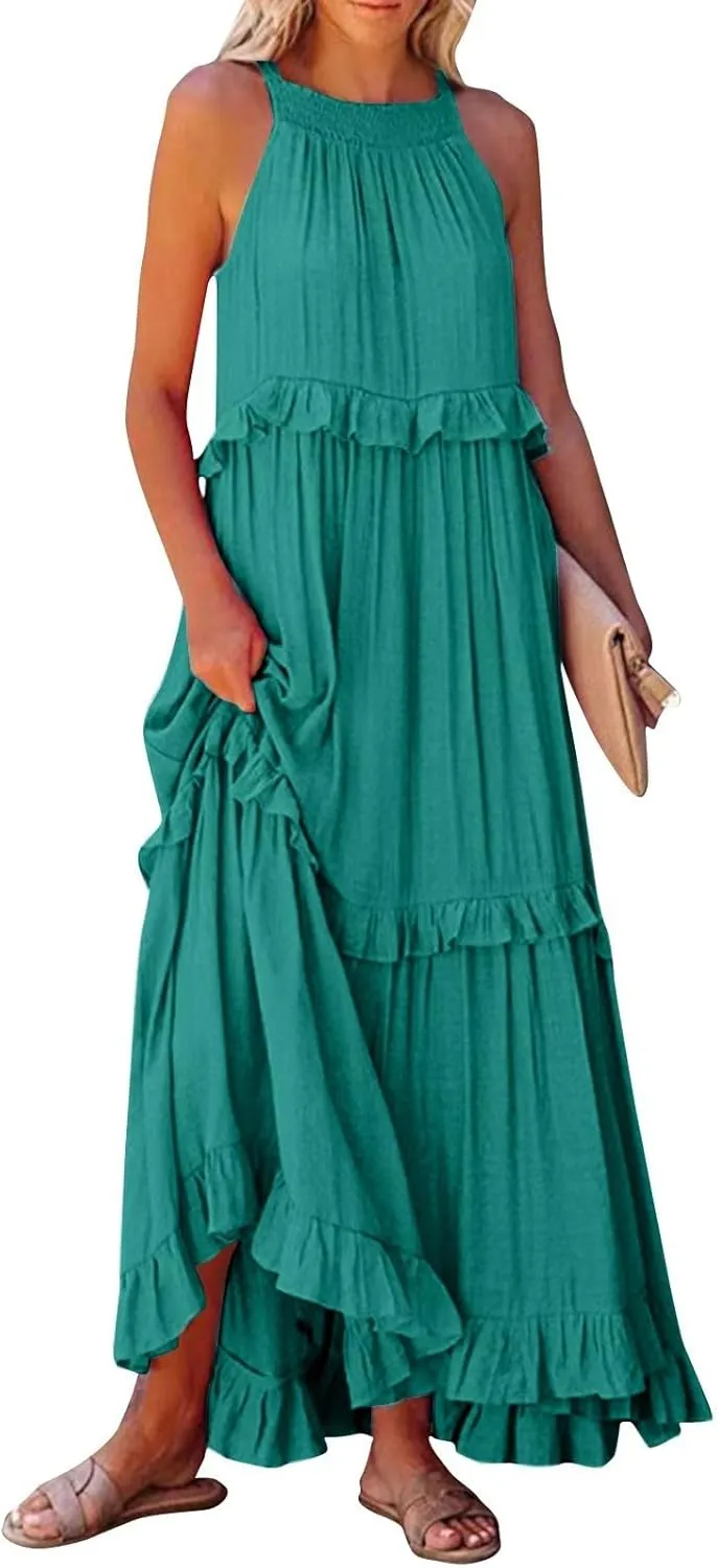 Sun Dresses for Women 2025 Vacation Halter Ruffle Tiered Flowy Maxi Dresses Beach Wedding Guest Dress with Pockets