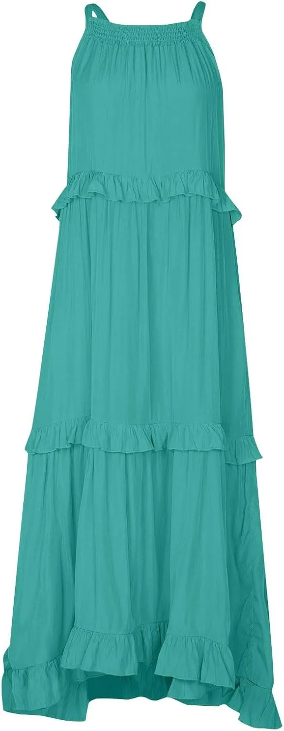 Sun Dresses for Women 2025 Vacation Halter Ruffle Tiered Flowy Maxi Dresses Beach Wedding Guest Dress with Pockets