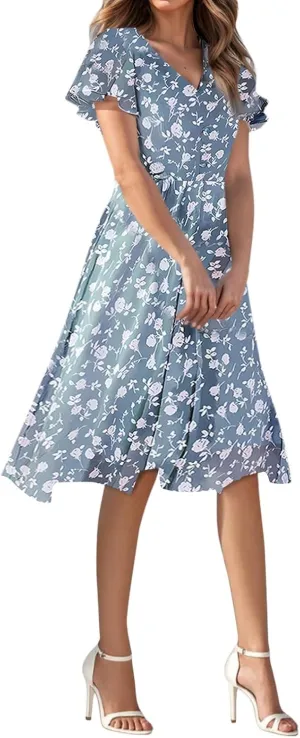Sundresses for Women 2025 Boho Cocktail Date Night Dresses Knee Length V Neck Short Sleeve Floral Dress