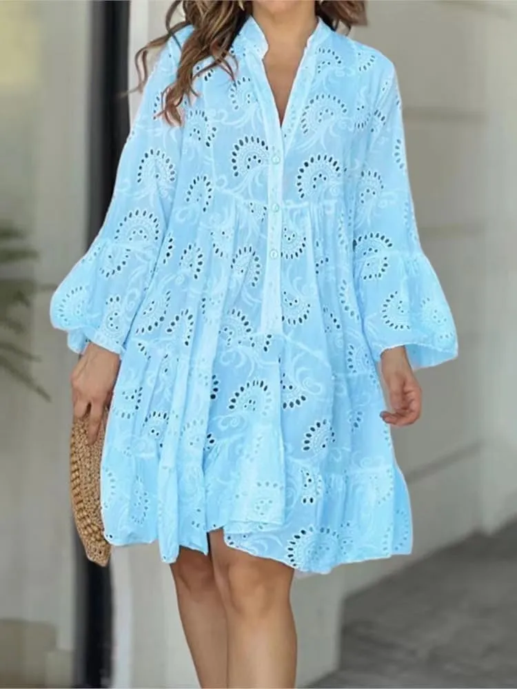 utcoco Womens Lined Embroidered Lace Eyelet 3/4 Trumpet Sleeve V Neck Half Button Swing A Line Mini Dresses