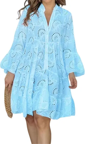 utcoco Womens Lined Embroidered Lace Eyelet 3/4 Trumpet Sleeve V Neck Half Button Swing A Line Mini Dresses