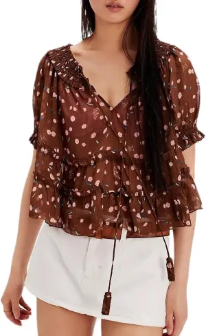 Women Floral Ruffle Short Sleeve Shirt Boho Lace Trim Crop Top Y2k Going Out Chiffon Blouse Summer Streetwear