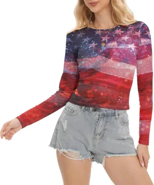 Women Mesh Printed Crop Top Shirt Long-Sleeved Slim Cool T-Shirts Modern Punk Street Tops