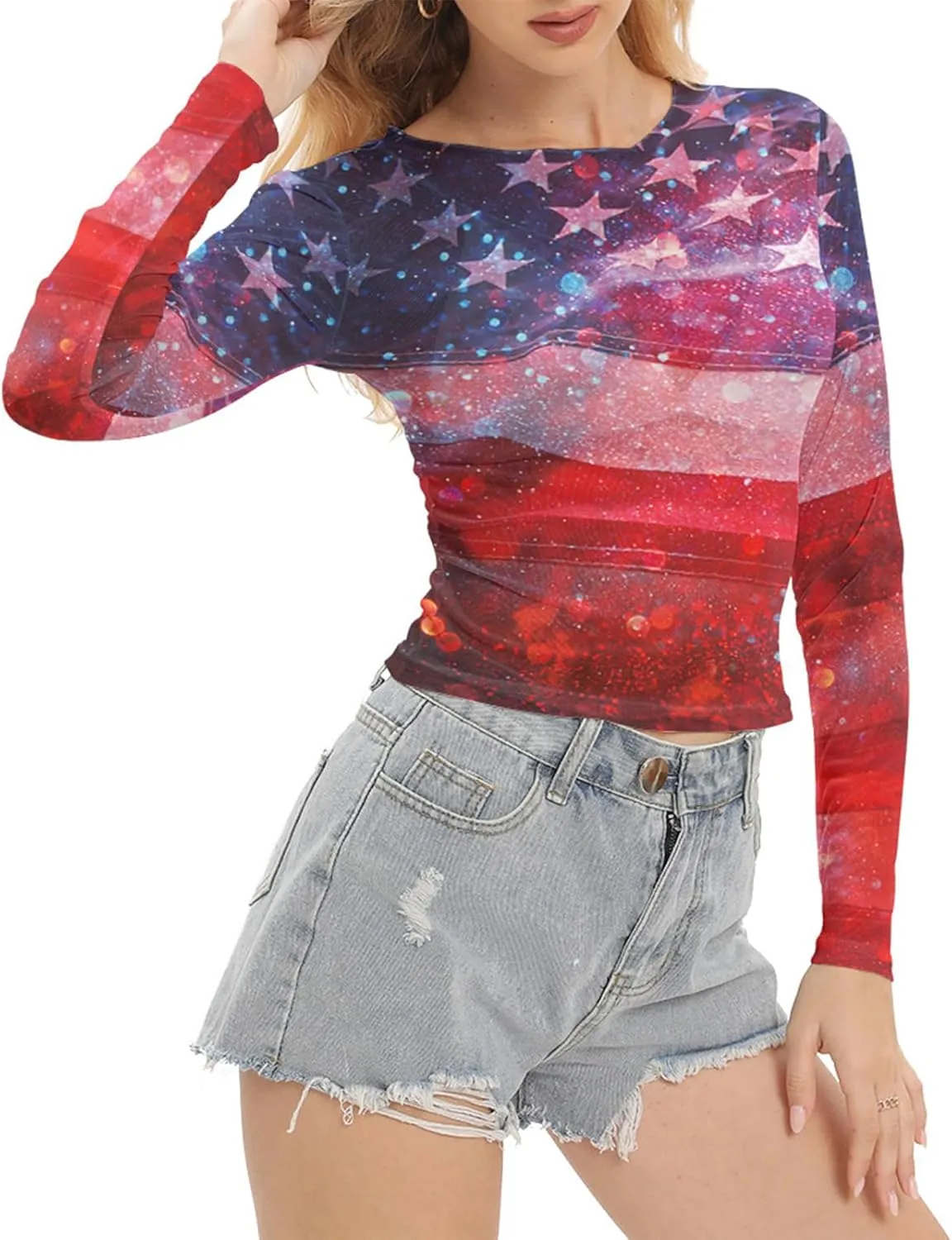 Women Mesh Printed Crop Top Shirt Long-Sleeved Slim Cool T-Shirts Modern Punk Street Tops