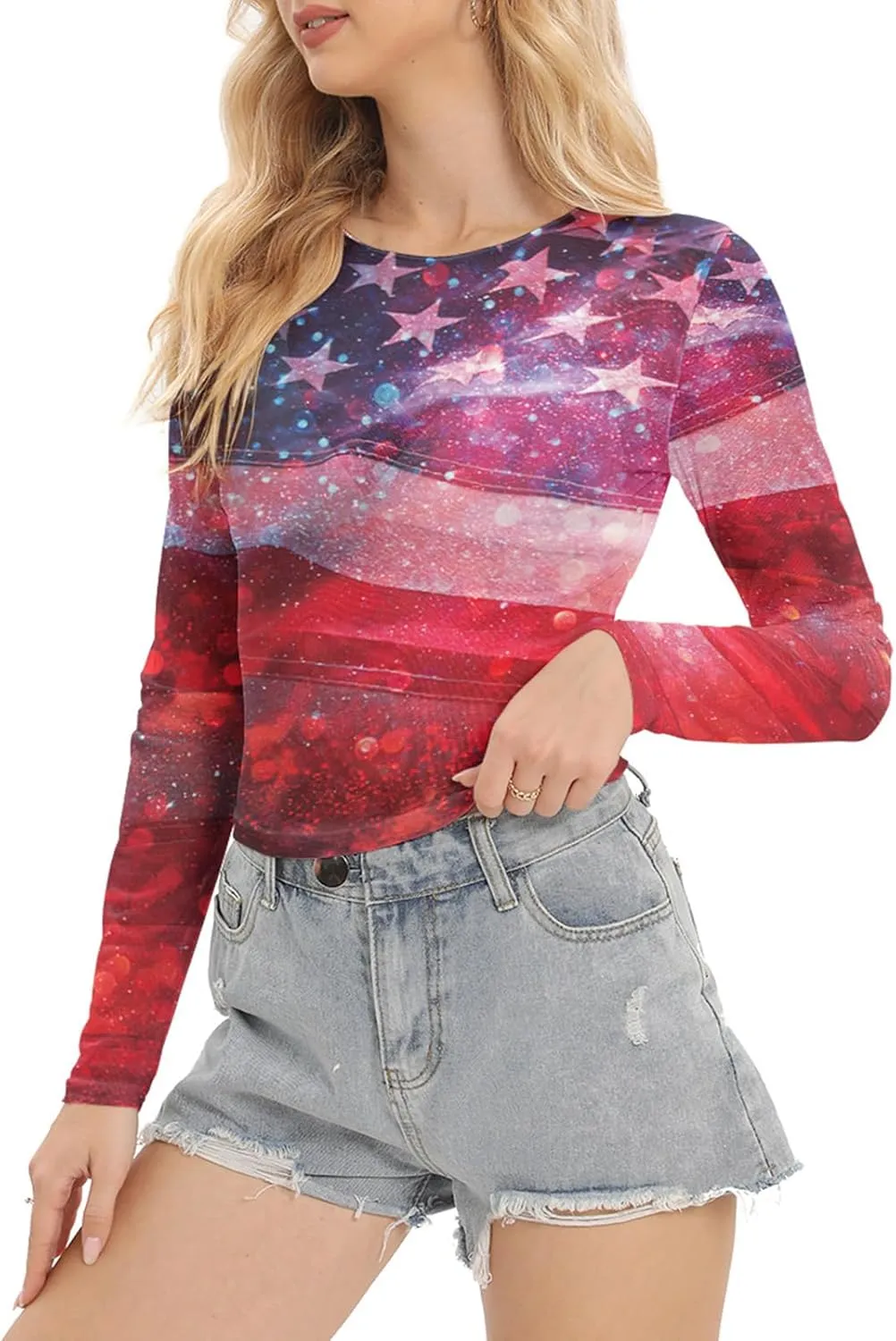 Women Mesh Printed Crop Top Shirt Long-Sleeved Slim Cool T-Shirts Modern Punk Street Tops