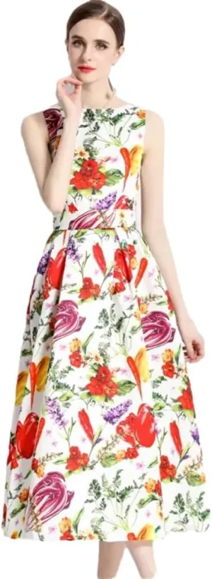 Women Sleeveless Tank Dress Cocktail Party Floral Robe Vintage A Line Formal Occasion Dresses
