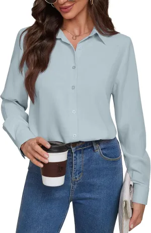 Women Wrinkle Free Soft and Breathable Chiffon Button Down Long Sleeve Blouse Collared Shirt Work Casual Tops