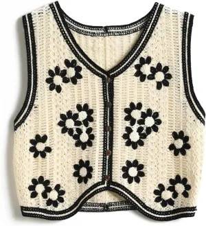 Women's Front Button V-Neck Sleeveless Crochet Embroidered Knitted Sweater Short Vest