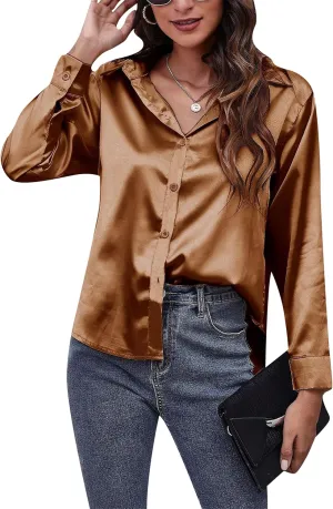 Women's Solid Color Button Down Satin Silk Blouse Lightweight Work Shirts V Neck Long Sleeve Lapel Top
