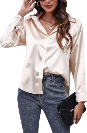 Women's Solid Color Button Down Satin Silk Blouse Lightweight Work Shirts V Neck Long Sleeve Lapel Top