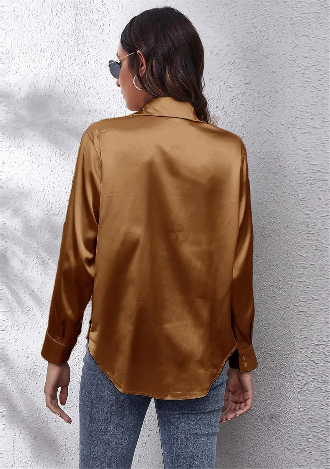 Women's Solid Color Button Down Satin Silk Blouse Lightweight Work Shirts V Neck Long Sleeve Lapel Top