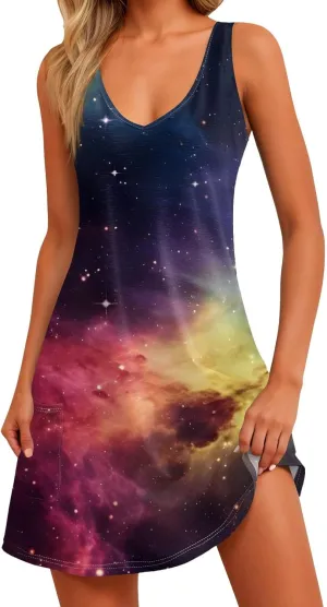Womens Summer Dresses Beach Printed Sundress Sleeveless 2025 Swimsuit Coverup Vacation V Neck Dress with Pocket