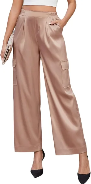 ZAFUL Womens Satin Pants Wide Leg High Waisted Cargo Pants Silky Dressy Casual Going Out Slack Trousers, Khaki, M