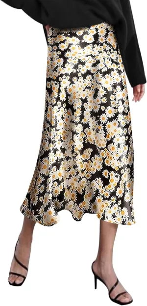 Zeagoo Skirts for Women Jacquard High Waist Skirt Black Elegant Midi Skirt Satin
