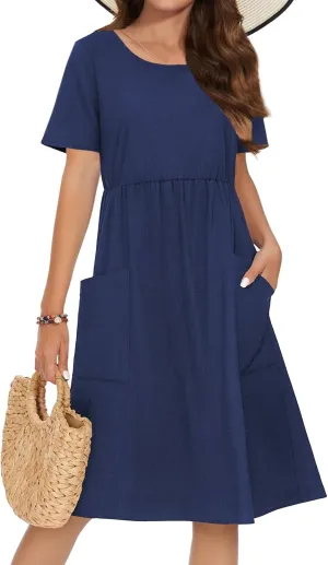 Zeagoo Womens Summer Midi Dress Casual Short Sleeve A-Line Cotton Linen Dress Flowly Beach Tunic Sundresses with Pockets 2025