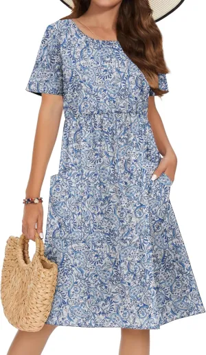 Zeagoo Womens Summer Midi Dress Casual Short Sleeve A-Line Cotton Linen Dress Flowly Beach Tunic Sundresses with Pockets 2025