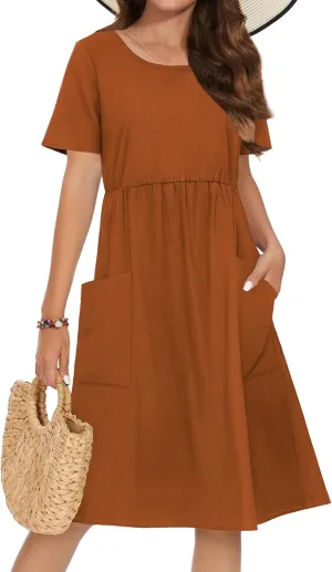 Zeagoo Womens Summer Midi Dress Casual Short Sleeve A-Line Cotton Linen Dress Flowly Beach Tunic Sundresses with Pockets 2025